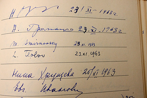 Soviet leader Nikita Khrushchev’s signature is on the top line of this condolence book that is among the papers of Foy Kohler housed in the Canaday Center for Special Collections.